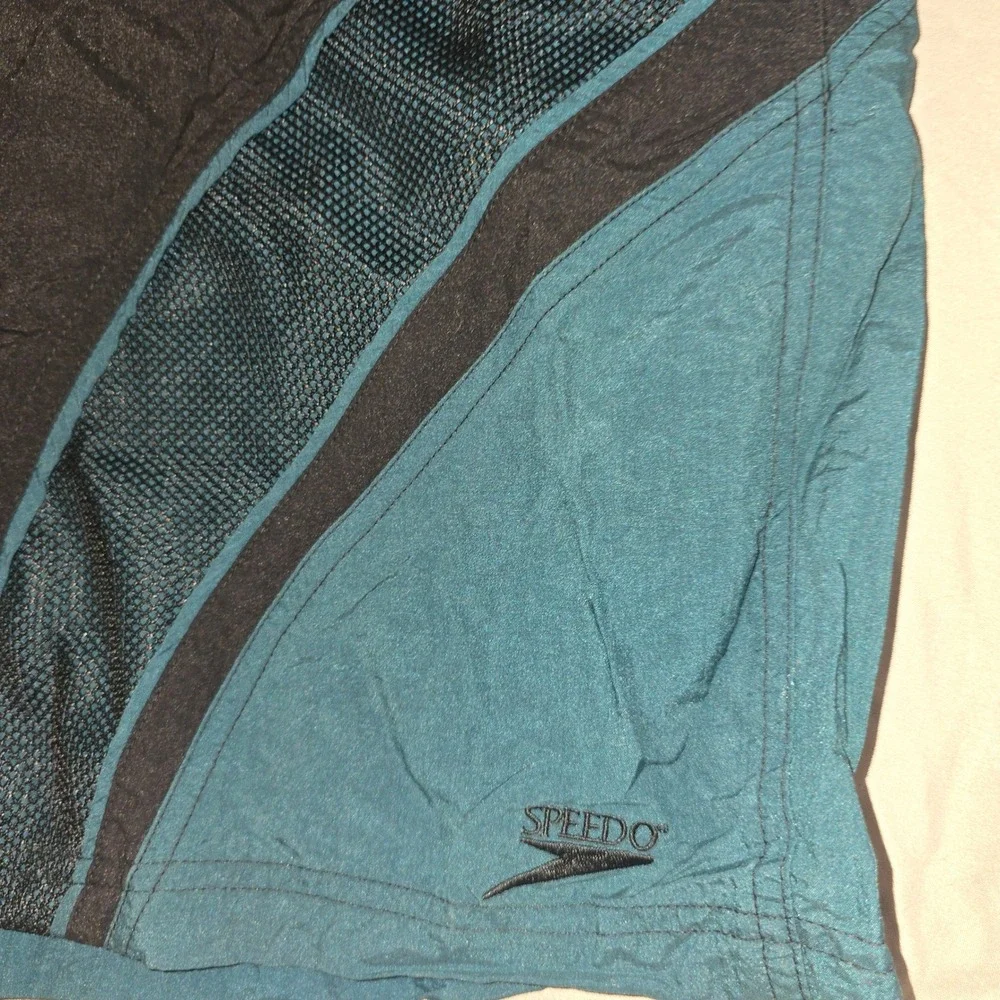 Speedo Swim‎ Trunks Large Mens Black Teal Mesh Panel Colorblock Board Shorts